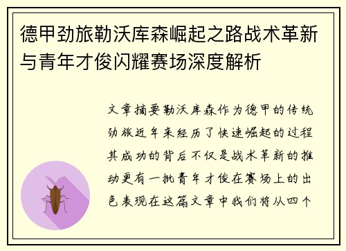 德甲劲旅勒沃库森崛起之路战术革新与青年才俊闪耀赛场深度解析 德甲劲旅勒沃库森崛起之路战术革新与青年才俊闪耀赛场深度解析