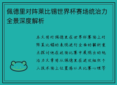 佩德里对阵莱比锡世界杯赛场统治力全景深度解析